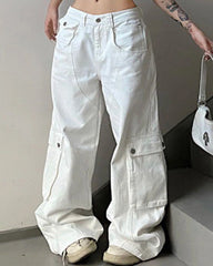 Women's Plus Size White Straight Tooling Loose Jeans