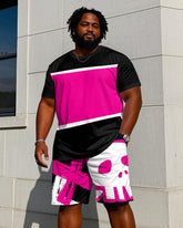 Men's Plus Size Street Hip Hop Pink & Black Short Sleeve T-Shirt Shorts Suit