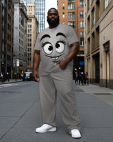 Men's Cartoon Smiley Face Printed Street Fashion Short Sleeve T-shirt Pants 2-Piece Set