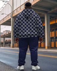 Men's Casual Blue Check Alphabet Print Plus Size Hoodie Suit