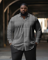 Men's Plus Size Casual Houndstooth Button Down Long Sleeve Shirt
