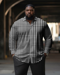 Men's Plus Size Casual Houndstooth Button Down Long Sleeve Shirt
