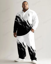 Fashion Casual Ink Letter Printing Long Sleeve Polo Lapel 2 Piece Set Men's Plus Size