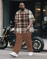 Men's Plus Size Business Brown Classic Plaid Print Short Sleeve Shirt Trousers Suit