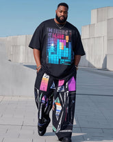 Plus Size 1 L-9L Men's Tetris. Irregular Print Casual Short-sleeved T-shirt Pants Suit