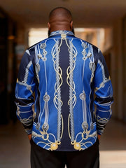 Big & Tall Men's Blue And Gold Sailing Rope Print Long Sleeve Shirt