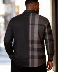Big & Tall Men's Black And Gray Stitching Check Print Long Sleeve Shirt