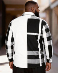Big & Tall Men's Black And White Stitching Check Print Long Sleeve Shirt
