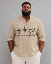 Big & Tall Men'sFaith Hope Love Heartbeat Print Stand-up Collar Long Sleeve Shirt
