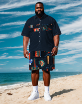 Men's Plus Size Splicing Stripe Funny Fashion Cartoon Pattern Printed Short Sleeve Shirt Shorts Set