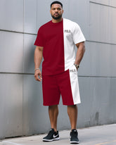 Men's Plus Size Fashion Casual Red & White Stitching Crewneck Short-sleeved T-shirt Half-length Pants Suit
