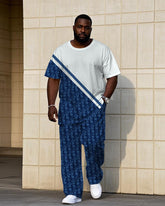 Men's Plus Size Big Brand Blue & White Logo Design Pattern Jacquard Short Sleeve T-Shirt Pants Suit