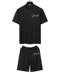 Big & Tall Men's Black Simple Letter Twig Knitted Crewneck Short-sleeved T-shirt Shorts Suit