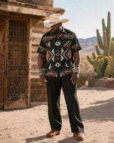 Big & Tall Men's Western Wind Diamond Sawtooth, Triangle Thunder Cloud, Arrow Feather Radiographic Print Short Sleeve Shirt And Pants Suit