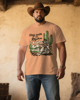 Men's Plus Size Dark Orange Western Denim Printed Chest Round Neck Short Sleeve T-Shirt