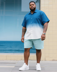 Big Man's Sea Sky Gradient Blue Short Sleeve Shirt Light Cyan Shorts Suit