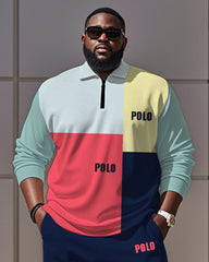 Men's Simple Colorful Colorblock Alphabet Print Polo Shirt Zipper Pants Suit