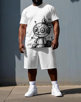 Men's Cartoon Sewing Doll Print Casual Breathable Big & Tall Short-Sleeve T-shirt Shorts Set