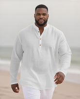 Big & Tall Men's Everyday Solid Color Bamboo Hemp Texture Henry Collar Long Sleeve Shirt