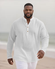 Big & Tall Men's Everyday Solid Color Bamboo Hemp Texture Henry Collar Long Sleeve Shirt