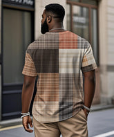 Men's Plus Size Daily Casual Vintage Plaid Patchwork Geometric Print Henry Collar Button Short Sleeve T-Shirt
