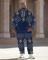 Men's Classical Retro Pattern Blue Plus Size Hoodie Suit