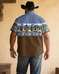 Men's Plus Size Western Denim Horse Hero Print Short Sleeve Shirt