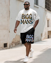 Men's Plus Size Flame Gradient BIGGMANS Letter Print Round Neck Short Sleeve T-shirt Shorts Suit