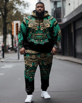 Men's Large Size Retro Green Dragon Totem Print Long Sleeve Hoodie and Sweatpants Set