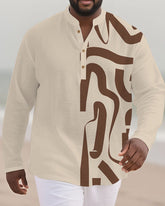 Big & Tall Men's Khaki Colorblock Geometric Print Bamboo Hemp Texture Henry Collar Long Sleeve Shirt