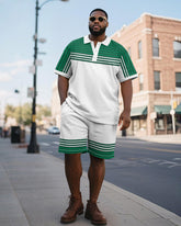 Men's Plus Size Business Green Gradient Stripe Print Short Sleeve Polo Shirt Shorts Suit