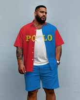 Big Guy's Modern Fashion POLO Letter & Red Color Block Printed Short Sleeve Shirt Shorts Set