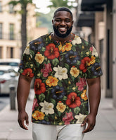 Men's Plus Size Hawaiian Vintage Floral Print Henry Collar Button Short Sleeve Tee