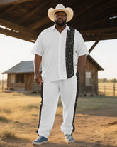 Men's Western Paisley Splicing Pattern Casual Big & Tall Short-Sleeve Shirt Trouser Sets