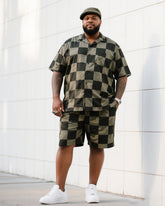 Big Men's Daily Casual Checkerboard Square Short Sleeve Shirt Shorts Suit