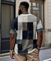Men's Plus Size Daily Casual Blue And White Grey Geometric Print Henry Collar Button Short Sleeve T-Shirt