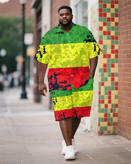 Men's Plus Size Juneteenth Colorblock Printed Shirt Shorts Suit