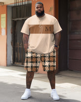 Big Guy's Colorblock Plaid Letter Print T-Shirt and Shorts Set