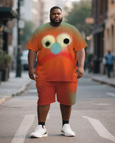 Big & Tall Men's Orange Emoji Graffiti Print Round Neck Short Sleeve T-Shirt Shorts Suit