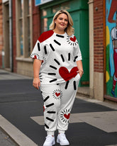 Women's Plus Size Graffiti Heart Print T-Shirt and Print Trousers Suit