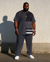 Men's Plus Size Black Gray Striped Stitching Printed Short Sleeve T-shirt Trousers Suit