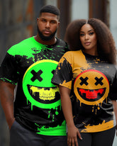 Couple Plus Size Smiley Face Color Matching Round Neck Short-Sleeved T-Shirt