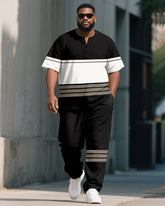 Men's Plus Size Black And White Color-block Line Print Henry Collar T-shirt Trousers Suit