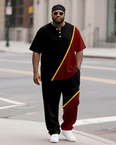 Men's Plus Size Black And Red Color-block Line Print Henry Collar T-shirt Trousers Suit