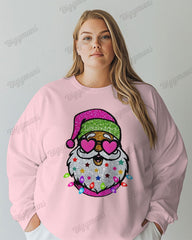 Women's Plus Colorful Shiny Santa Claus Print Long Sleeve T-shirt
