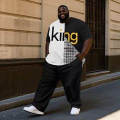 Men's Plaid Patchwork Black KING Design Printed T-Shirt Trousers Suit