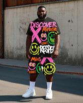 Big Men's Hip Hop Letter Smiley Face Graffiti Street Fashion Short Sleeve T-Shirt Shorts Set