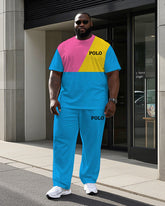 Big and Tall Men's Colorful Color Block POLO Letter Printed Casual Short Sleeve T-shirt Pants Set