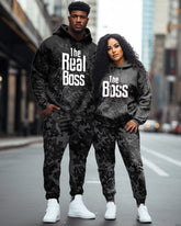 Couple Outfits Big & Tall Real Boss Funny Text Camouflage Hoodie Set