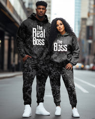 Couple Outfits Big & Tall Real Boss Funny Text Camouflage Hoodie Set